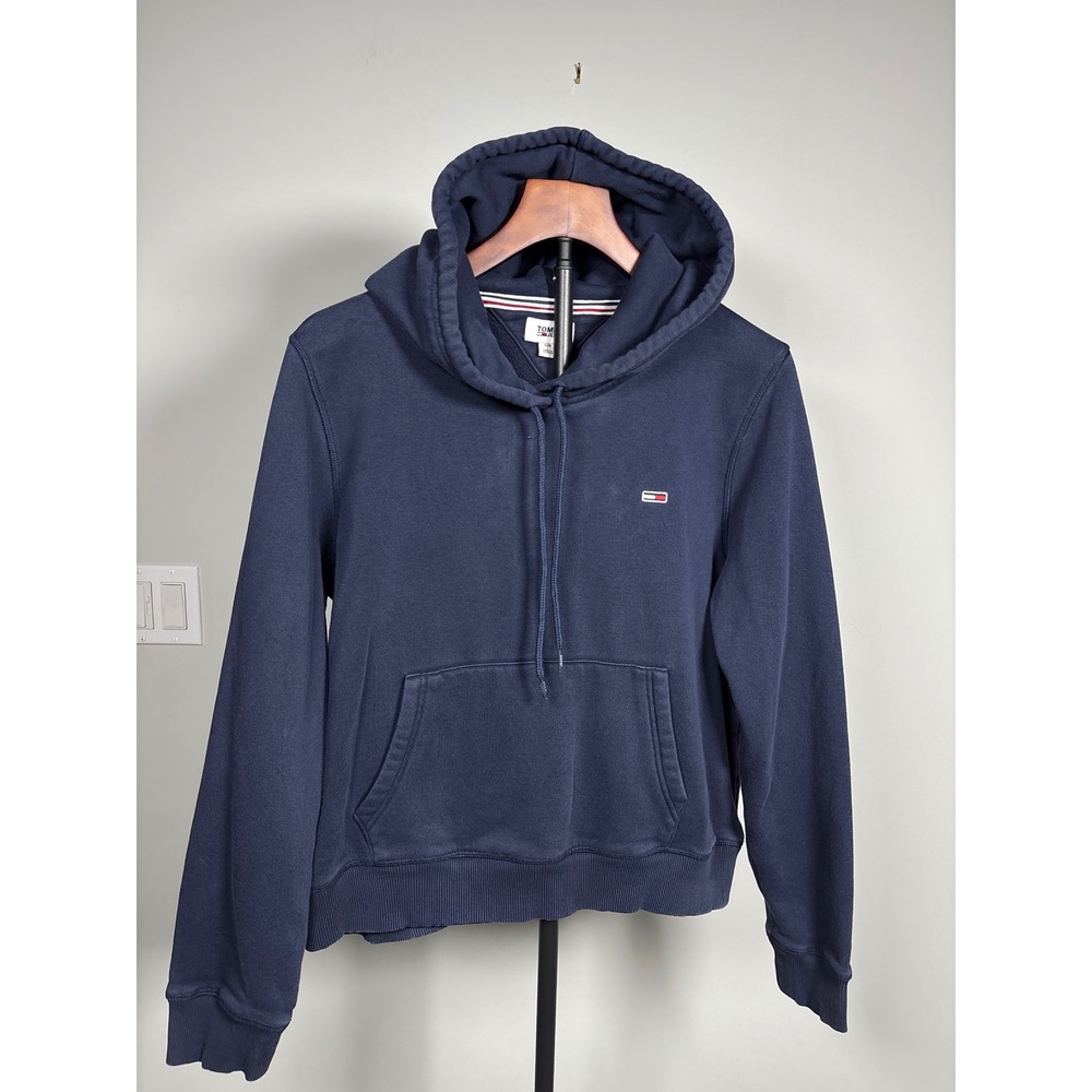Tommy Jeans Hoodie Womens Large Blue Pullover Flag Logo Preppy Streetwear